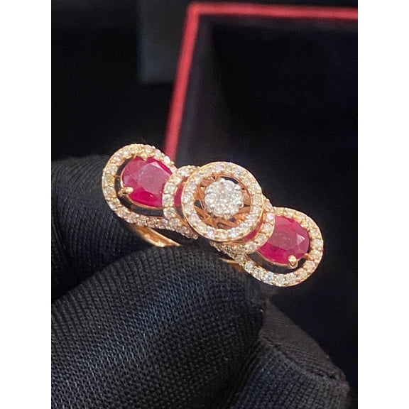 Pave 5.70 Cts Round Brilliant Cut Diamonds Pear Ruby Cocktail Ring In Hallmark 14K Rose Gold