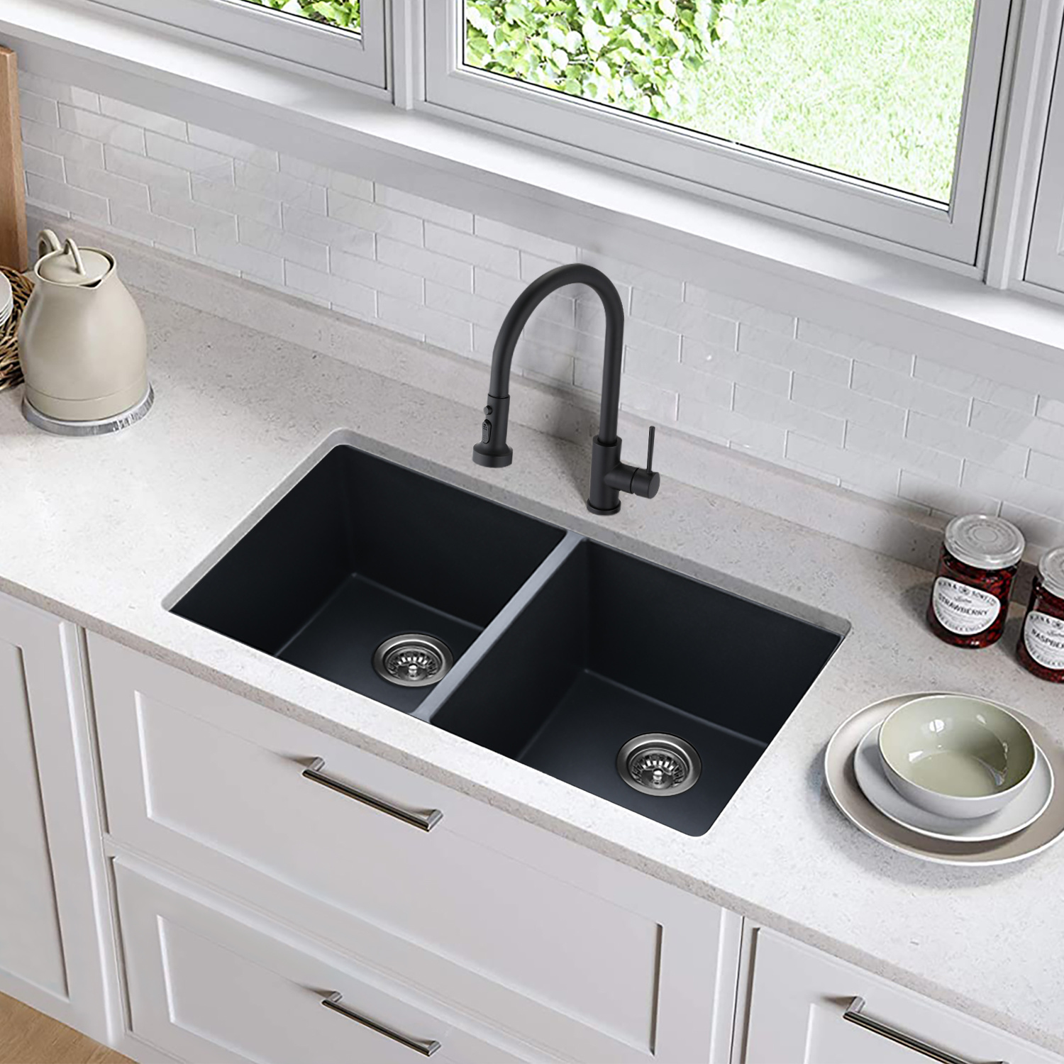 Htoonney 32" L X 18" W Undermount Quartz Double Bowl Kitchen Sink Matte
