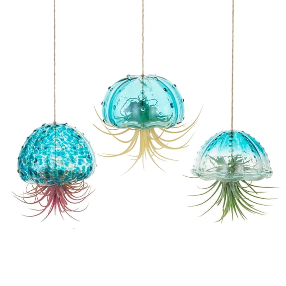 Glasseam Artisan Blown Glass Jellyfish Succulent Holder - Blue Sea Creature Planter with Inner Clamp, Perfect for Windows, Gardens & DIY Room Decor (No Plants Included)