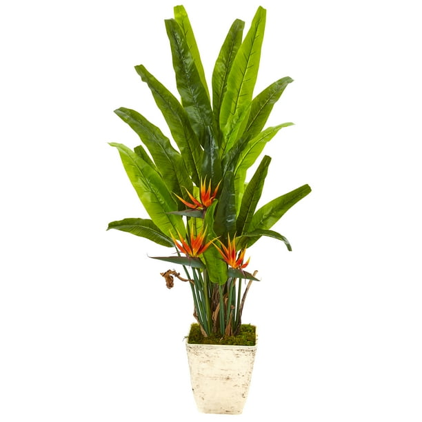 Nearly Natural 59in. Bird Of Paradise Artificial Plant in Country White Planter