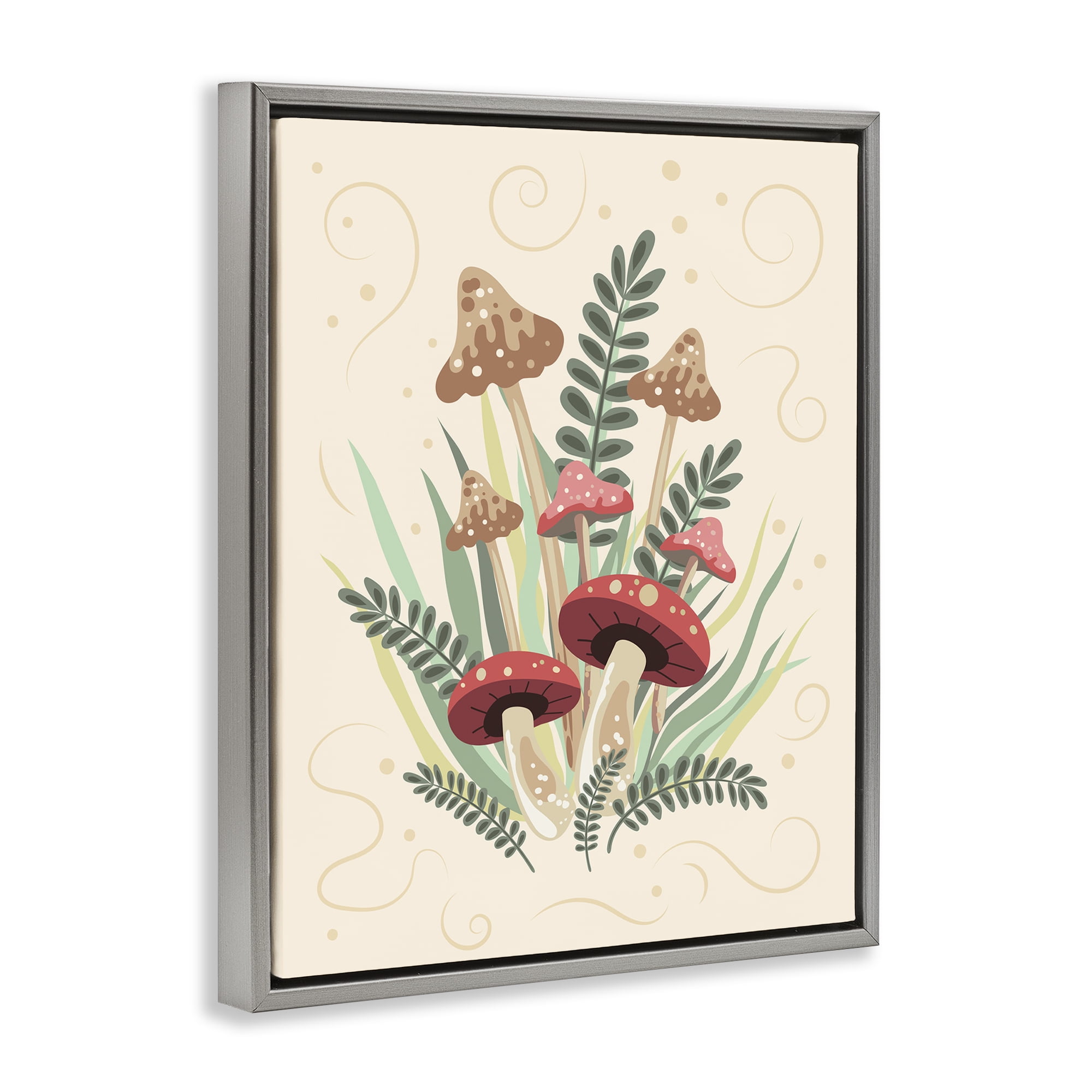 Stupell Industries Mushrooms & Swirl Pattern Botanical & Floral Painting Gray Floater Framed Art Print Wall Art, 17 x 21