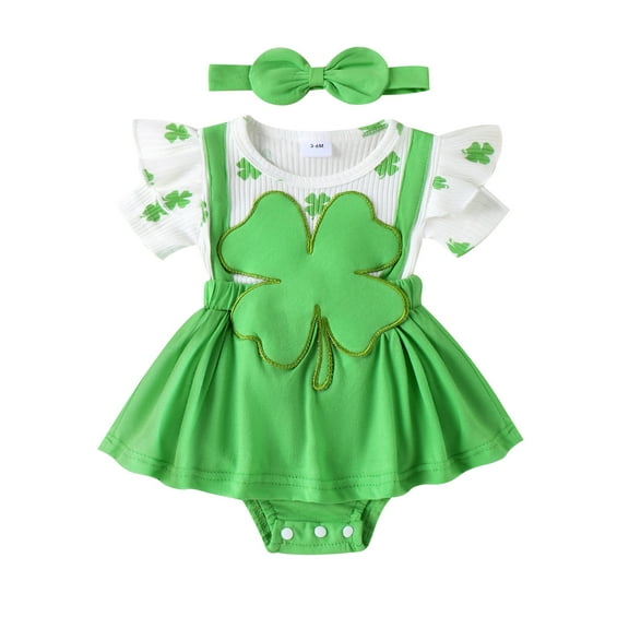 Elippeo Baby Girl Irish Outfits 3M 6M 9M 12M 18M St Patricks Day Round Neck Short Sleeve Clover Patch Romper Dress 3D Bow Headband 2 Piece Infant Toddler Set