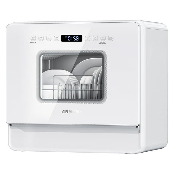 AIRMSEN Lave-Vaisselle de Comptoir Portable à 5 Réglages avec Réservoir d'Eau Intégré de 5 L, Lave-Vaisselle Ultra Mince Amélioré avec 3 Bras de Pulvérisation, Démarrage avec Retard de 12 H et Fonction de Chambre à Sel, ZMW-DUHA01