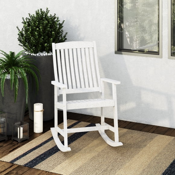 CorLiving Miramar Hardwood Outdoor High Slatted Back and Seat Rocking Chair with Armrests, White