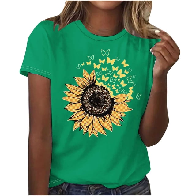 Camiseta de Manga Corta Impresa de Cuello Redondo Casual para Mujeres, 95% Poliéster 5% Elastano Top Ligero para Diario, Fiesta Y Uso