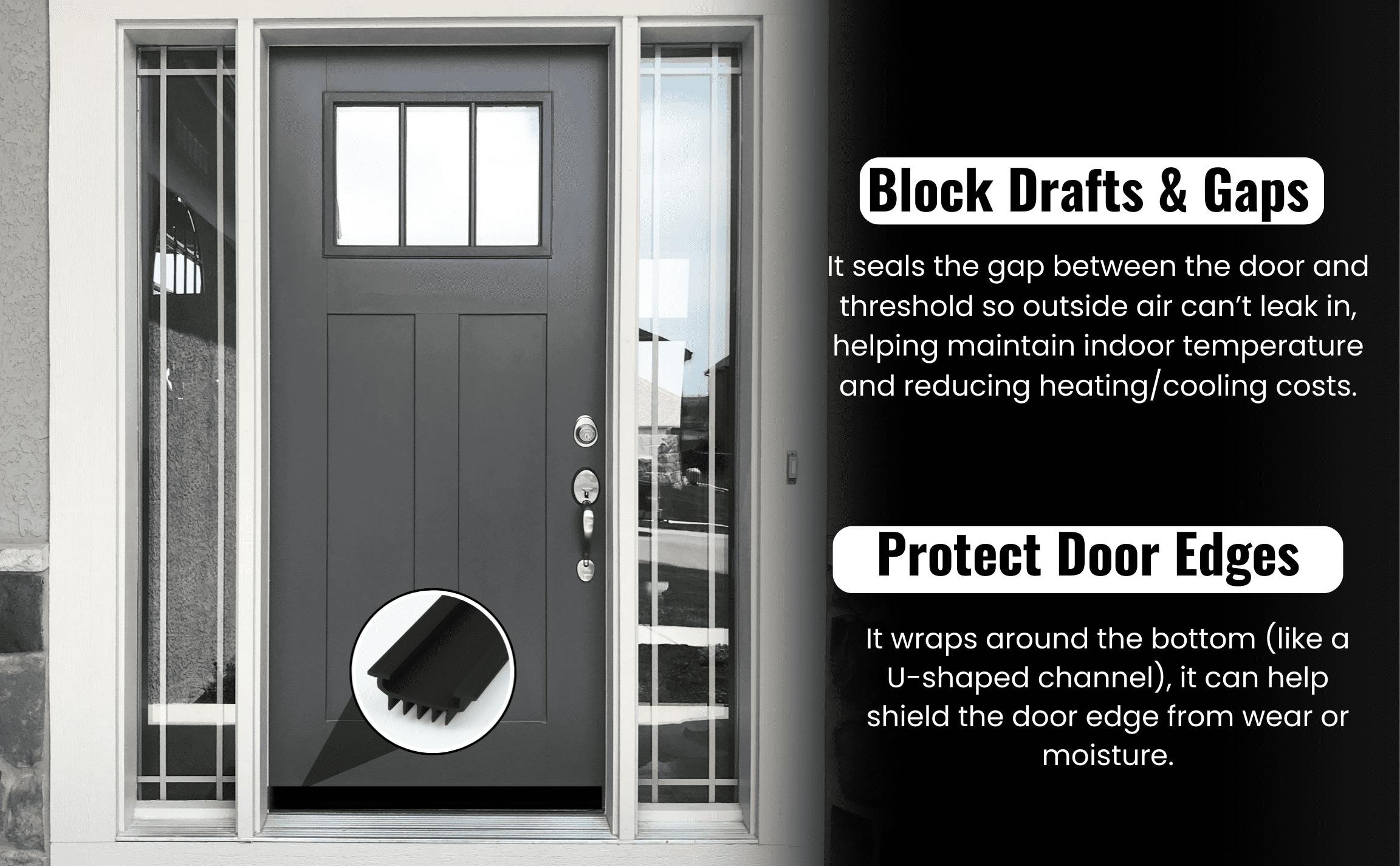 KC Hardware U Shaped Rubber Door Bottom Sweep| Weather Stripping Door Seal Bottom for Front Door Bottom| Under Door Seal for Exterior Doors| Black- 48 Inch