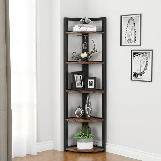 Tribesigns 5 Tier Corner Shelf Rustic Corner Bookcase Storage Rack Plant Stand Small Bookshelf For Living Room Home Office Kitchen Small Space Dark Brown Walmart Com