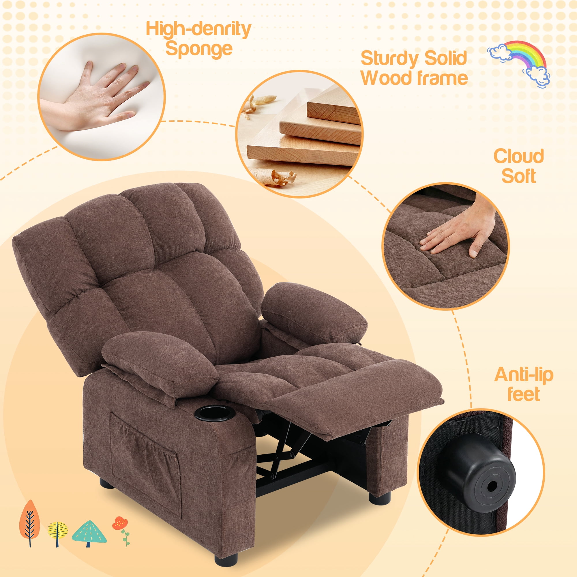JONPONY Kids Recliner Chair,Push Back Toddler Recliner with Cup Holders & Side Pockets，Adjustable Footrest & Headrest Kids Sofa for Boys Girls 3+ Age Group，Children's Bedroom Furniture ，Brown