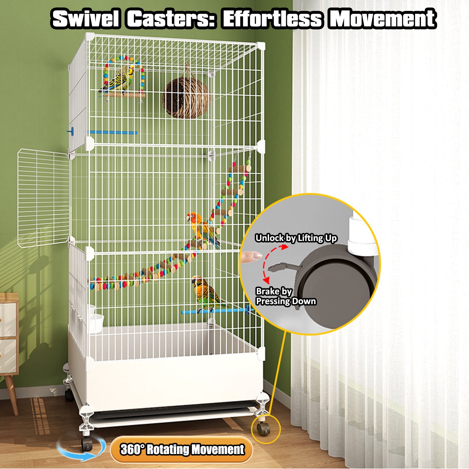Petyoung 40" Bird Cage, 1.5cm (0.59") Safe Wire Spacing, Rolling Design with Full Bird Accessories for Budgie, Lovebird, Canaries, Parrotlets