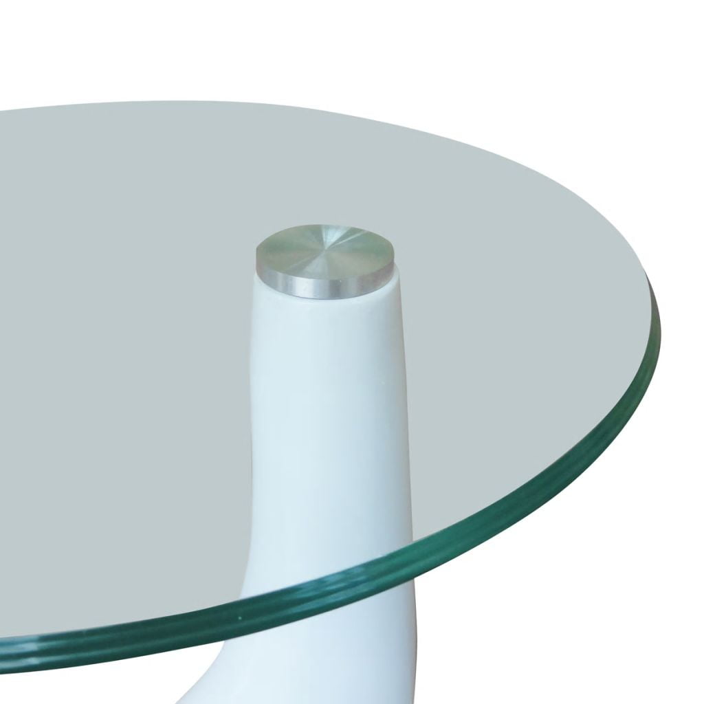 Coffee Table w/Round Glass Top, High Gloss Side End Stand Table, White