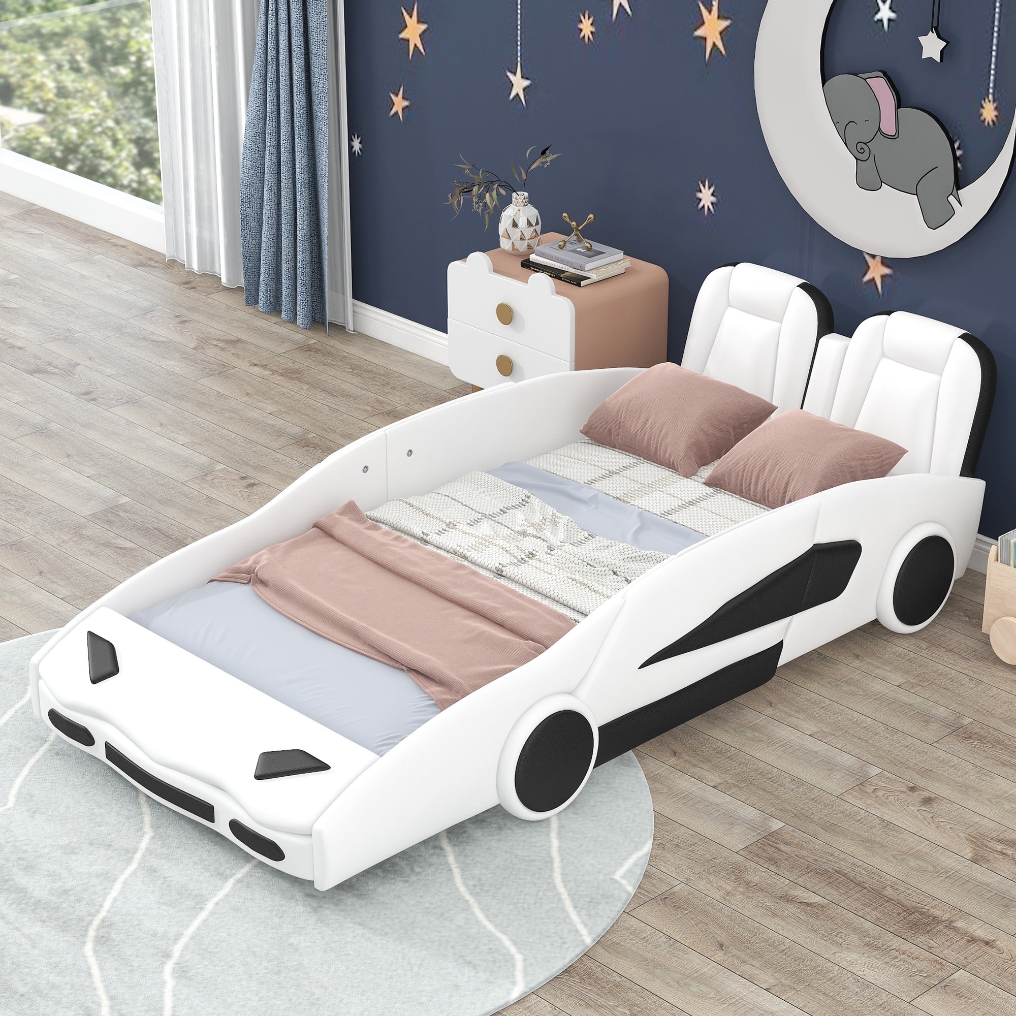 Euroco Modern Wood Race Car-Shaped Twin Platform Bed for Kids Teens Bedroom, Upholstery Car Bed for Kids Gift, White