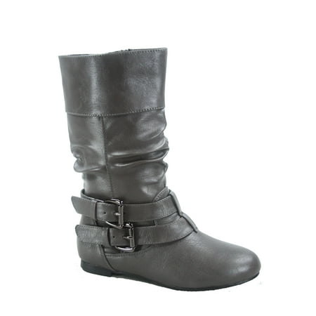 Sonny 54k Youth s Girls  Kid s Causal Round Toe Buckles Flat Heel Zip Mid Calf Riding School Boots Shoes ( Gray  4)