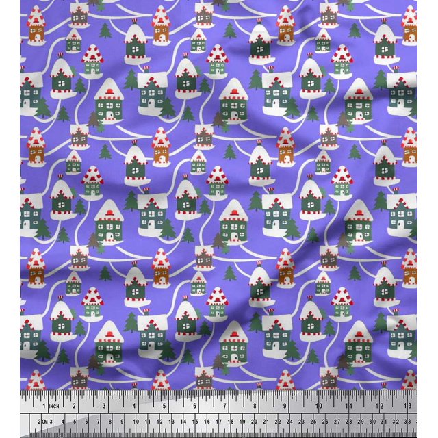 Soimoi Modal Satin Fabric Tree & House Architectural Print Fabric by Yard 42 Inch Wide