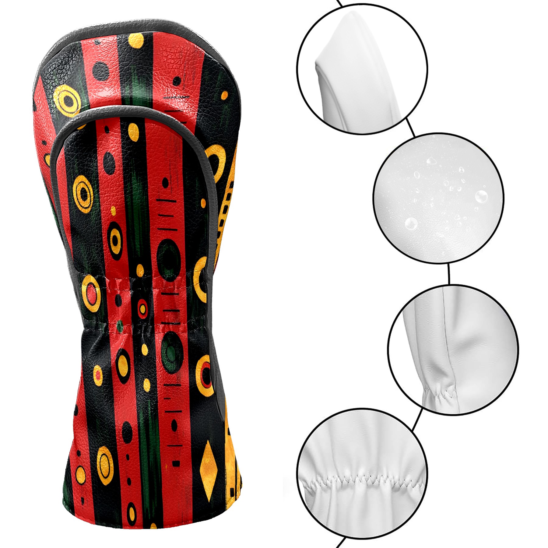 Golf Club Covers, Red GeometricStripe Premium PU Leather Driver Hybrid Putter Head Covers with Velvet Lining, Waterproof Golf Gifts for Men Women