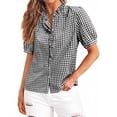thumbnail image 3 of Gingham Shirt Women Short Puff Sleeve Ruffle V Neck Button Down Shirts for Women Summer Tops Fashion Business Casual Preppy Tops Black S, 3 of 8