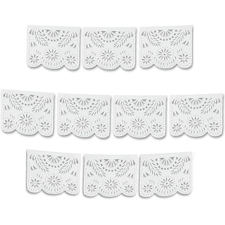 White Papel Picado Mexican Plastic Banner (1 Pack) - 1 x 10 Large Panels / 16 Feet Long - Great Decor for Wedding Streamers, Baptism Decorations, Showers and More by Ole Rico