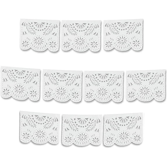 White Papel Picado Mexican Plastic Banner (1 Pack) - 1 x 10 Large Panels / 16 Feet Long - Great Decor for Wedding Streamers, Baptism Decorations, Showers and More by Ole Rico