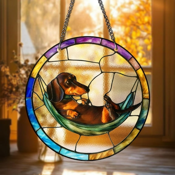 Dachshund STAINED GLASS Sun Catcher Relaxing Wiener Dog Window Hanging Dog Lover Gift Cute Hammock Pet Decor for Home Dog Mom Dog Dad