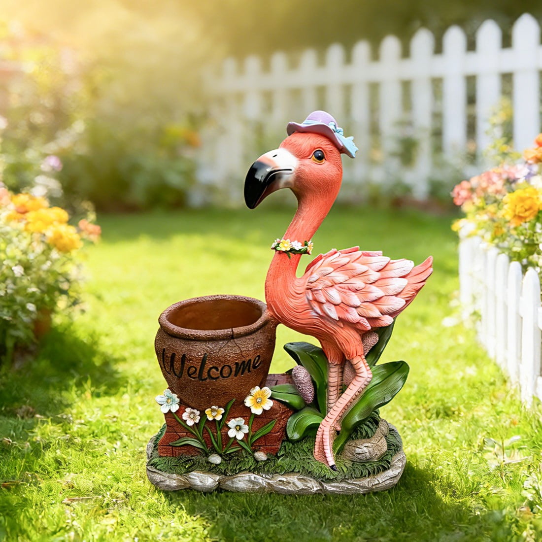 Flamingo Planter Statue with Top Hat and Bowtie Resin Garden Decor Flower Pot with Welcome Sign Outdoor Indoor Patio Porch Accent