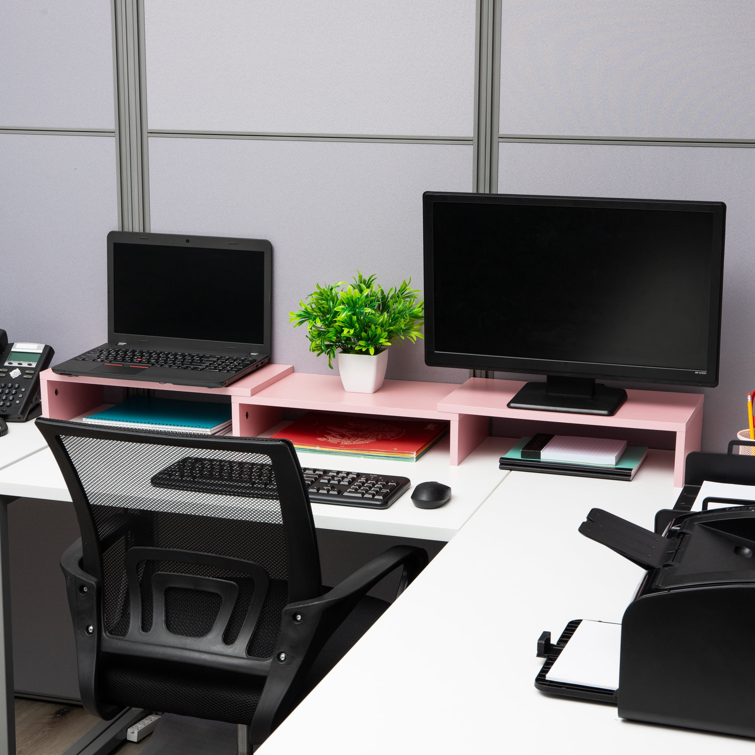 Mind Reader Dual Monitor Stand, Desktop Organizer, Laptop Riser, Office, MDF, 51.25"L x 9.25"W x 4.75"H, Pink