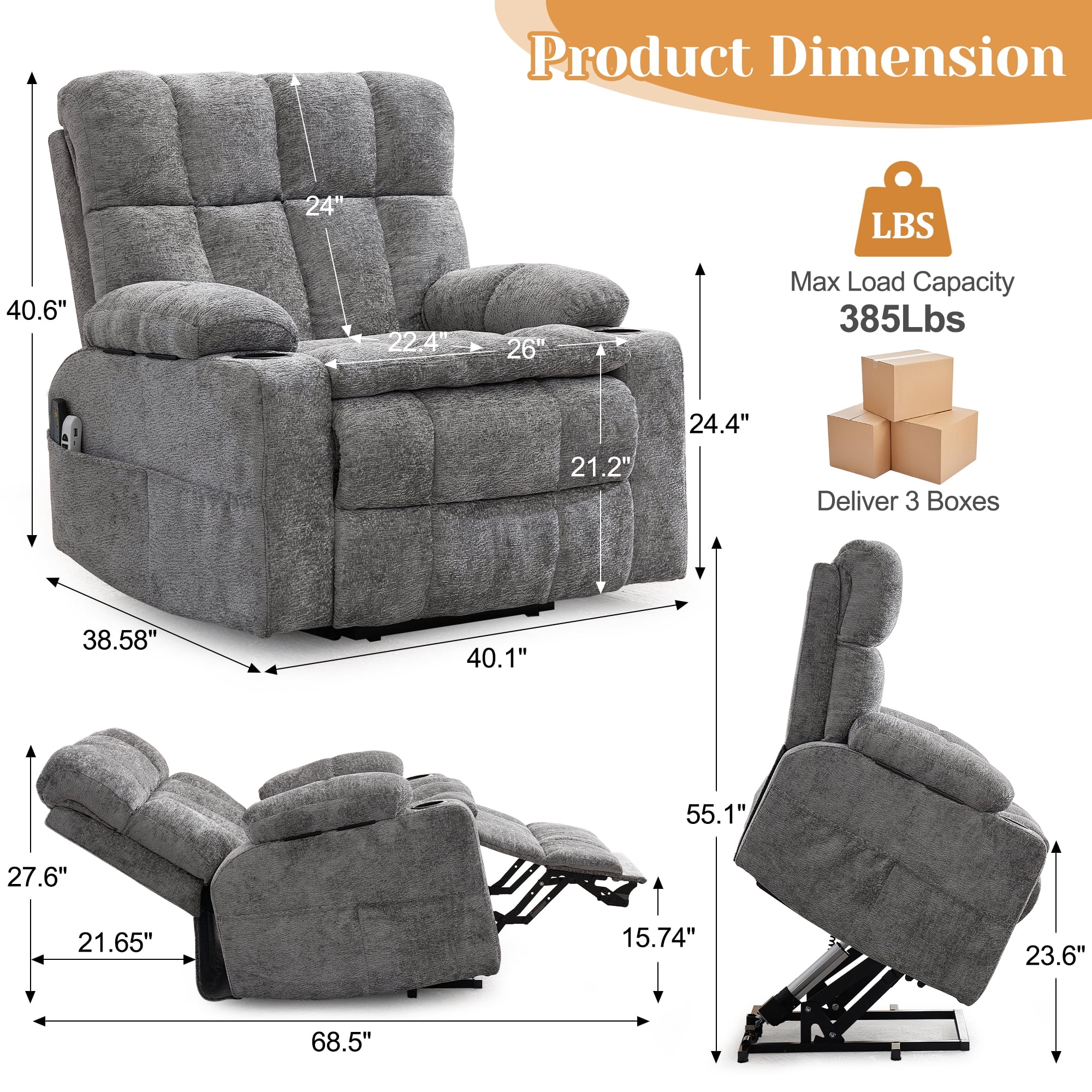Korser Oversized Dual Motor Power Lift Recliner for Elderly with Adjustable Headrest,Massage Recliner Chair with USB Ports & Type C Electric Lift Chair with Storebox Cupholder for Living Room,Grey