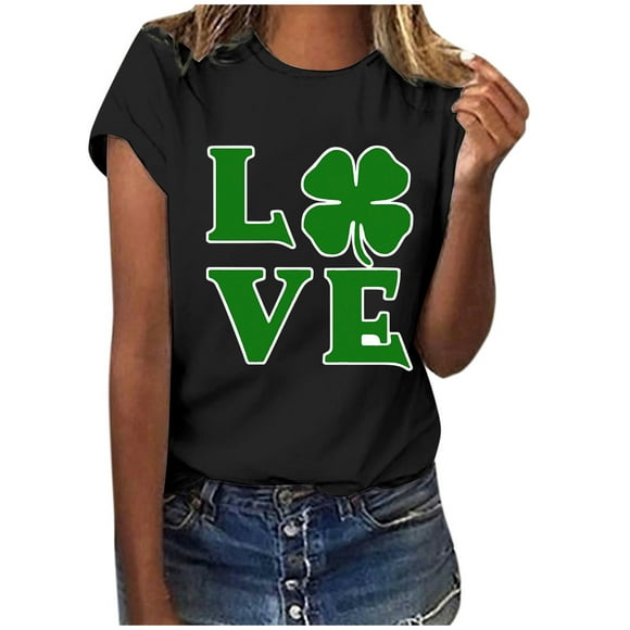 Mefallenssiah St. Patrick's Day Shirts for Women Ladies Fashion St. Patrick's Day Print Short Sleeve Round Neck Shirt Woman Casual Loose Black 14(XXXL)