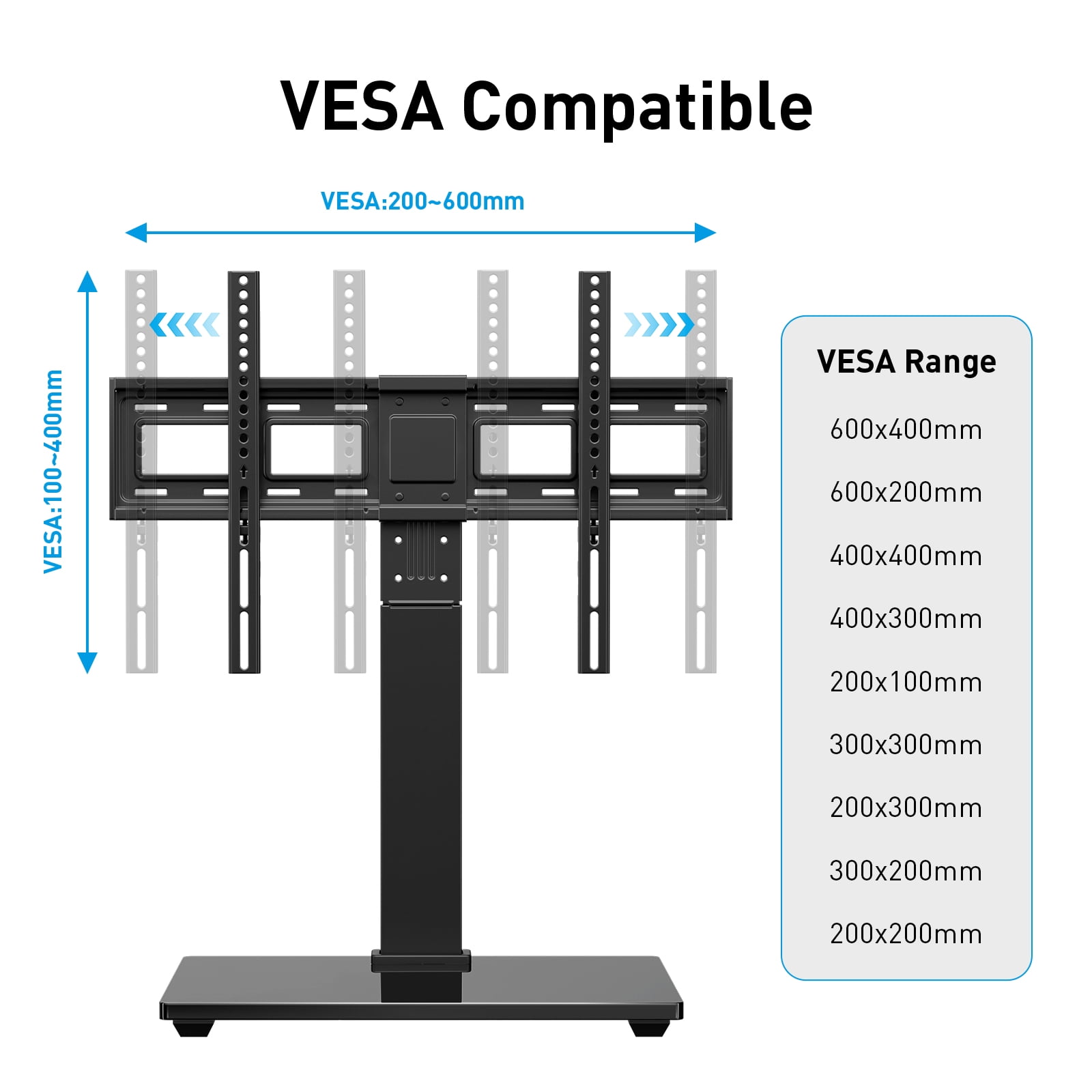 MountFTV Universal Table Top TV Stand for 32-80" Flat Screen TVs,  Max 600x400mm, Up to 110 lbs, Tabletop TV Mount with 9 Height Adjustable, Alloy Steel Glass Base