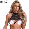 thumbnail image 2 of Lencería de encaje Sexy para mujer, sujetador con cuello Halter recortado, sujetador Balconette con aros de apoyo, parte superior abierta, sujetador de pecho tentador, disfraz para discoteca, 2 of 5