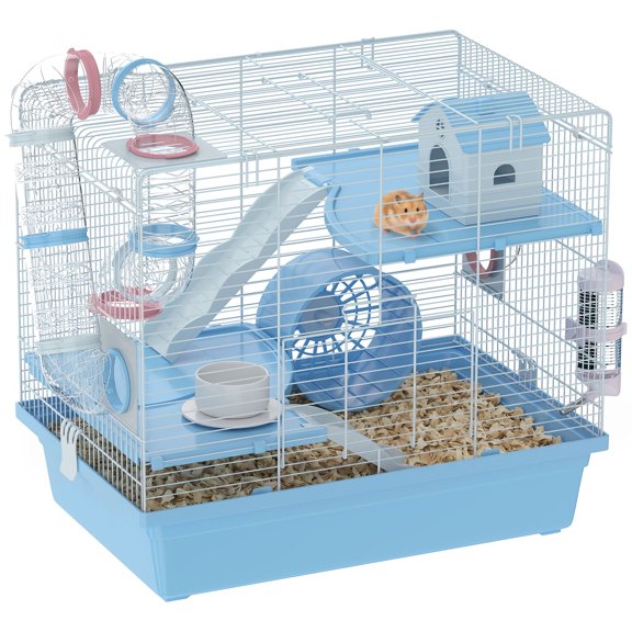 Small Animal Cage, 3-Tier Blue Metal and Plastic Hamster Enclosure with Exercise Wheel, Tunnels, Ramps, and Accessories, 18.9 x 12.6 x 16.6 in