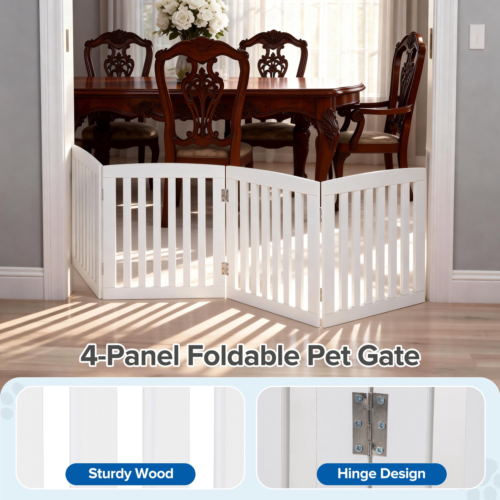 SHOUFTW Foldable Wooden Pet Gate, Freestanding and Extra Wide 4 Panel Dog Gate for Doorways, Stairs, Hallways, White