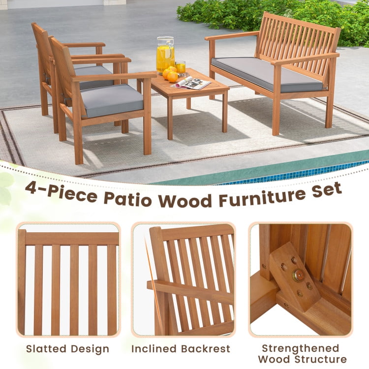 Aimee Lii 4 Pieces Patio Wood Furniture Set Acacia Wood Sofa Set with Loveseat, Patio Furniture Sets, Gray