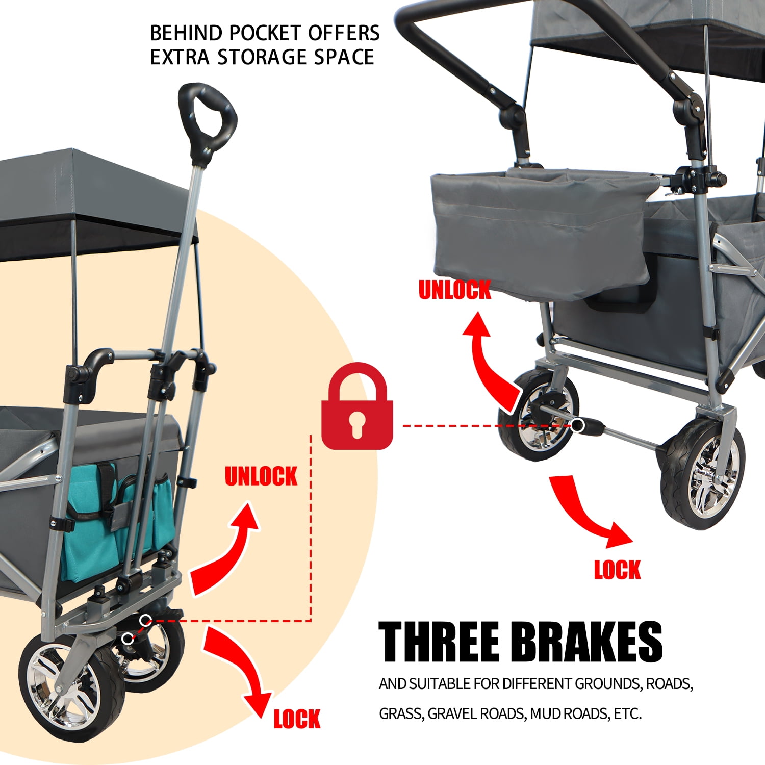 Collapsible Wagon Cart With Wheels, Foldable Utility Heavy Duty Wagons Carts With Removable Canopy, 150 Lbs Large Capacity For Grocery Sports Garden Shopping