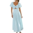thumbnail image 3 of Women'S Summer Boho Maxi Dress V-Neck Cute Bubble Short Sleeve A-Line Long Dress with Pocket Sky Blue S, 3 of 10