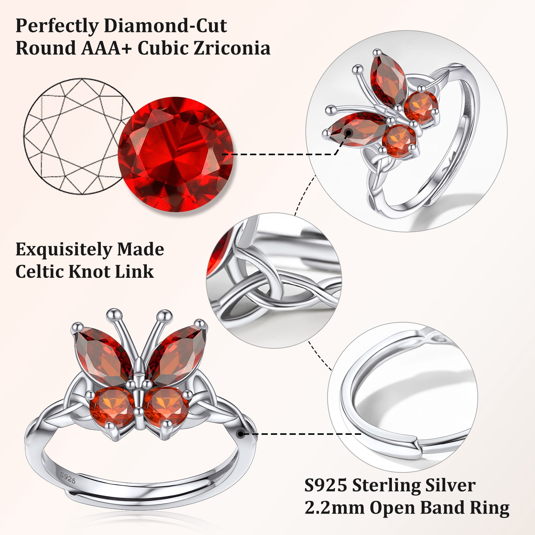 Bestyle Pure S925 Sterling Silver Butterfly Rings, July Ruby Birthstone Adjustable Open Band Ring Jewelry Gift Birthday Mother's Day Christmas