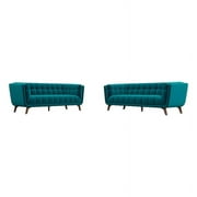 Keyman Mid-Century Pillow Back Velvet Sofa Set in Turquoise