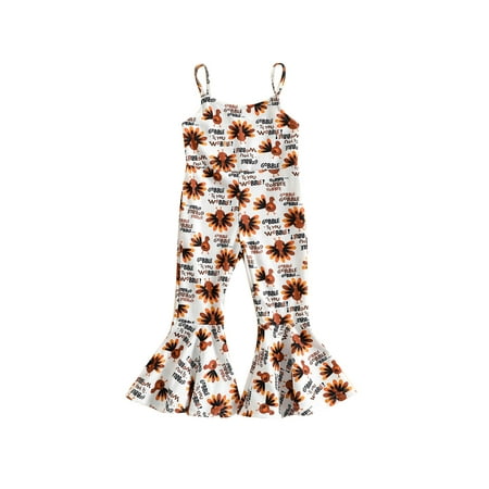 

AMILIEe Little Baby Girls Thanksgiving Jumpsuit Sleeveless Letters Pattern Print Sling Straps High Waist Bodysuit