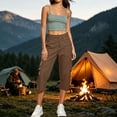 thumbnail image 6 of Womens Straight Leg Capri Cargo Pants High Waisted Button Closure Cropped Trousers with Pockets Casual Work Hiking Pants Brown, 6 of 7