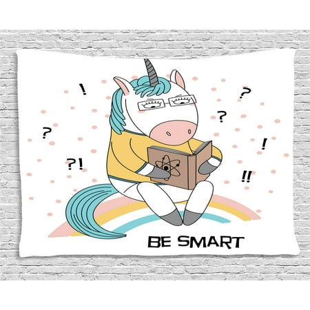 - Geek Tapestry, Pattern of Cartoon Unicorn Sitting on a Rainbow and Reading Book about Atomic Physics, Wall Hanging for Bedroom Living Room Dorm Decor, 60W X 40L Inches, Multicolor, by Ambesonne