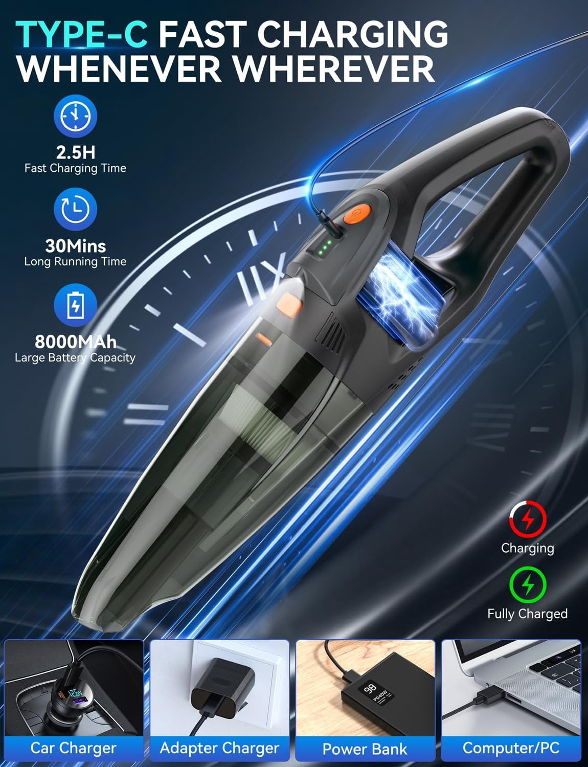 GV09 Handheld Vacuum Cleaner - 25000PA Powerful Suction, 8000mAh Battery, HEPA Filter, 2 Speeds, Cordless, for Home, Car, Office, Pets