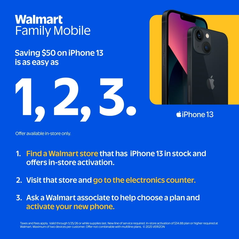 Walmart Family Mobile Apple iPhone 13, 128GB, 5G, Midnight - Prepaid Smartphone [Locked to Walmart Family Mobile]
