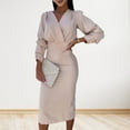 thumbnail image 4 of Fall Spring Women Dress - V Neck Bubble Sleeves Formal Business Style Slim Fit Solid Color High Waist OL Commuting Office Midi Dress, 4 of 8