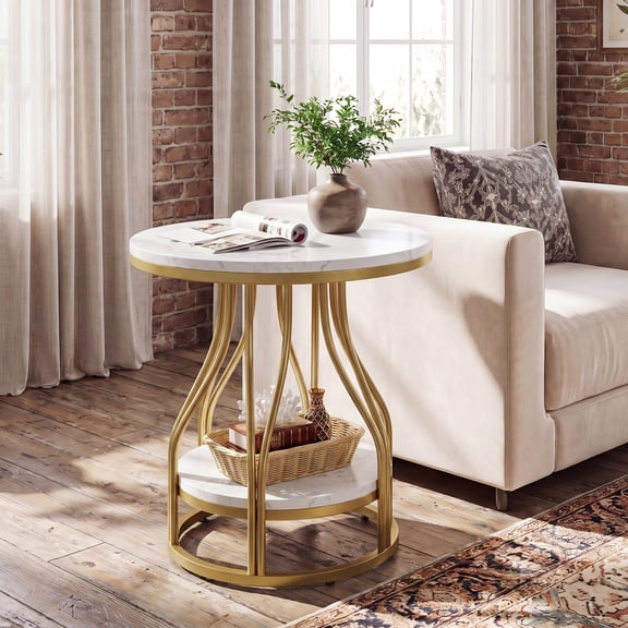 Tribesigns 2-Tier Round Side Table, Industrial End Table Bedside Table with Metal Frame & Open Shelf for Couch Side, Living Room (1PC, White & Gold)
