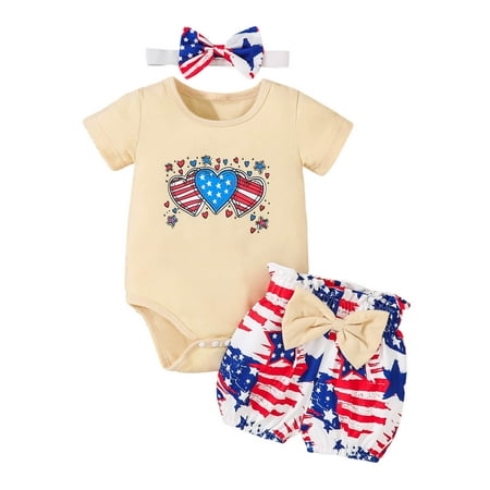 

Baby Girl Outfits Boys Independence Day Heart Pattern âPrinting Romper Bodysuit Shorts Headbands Clothing Sets for Girls Size 0-3 Months