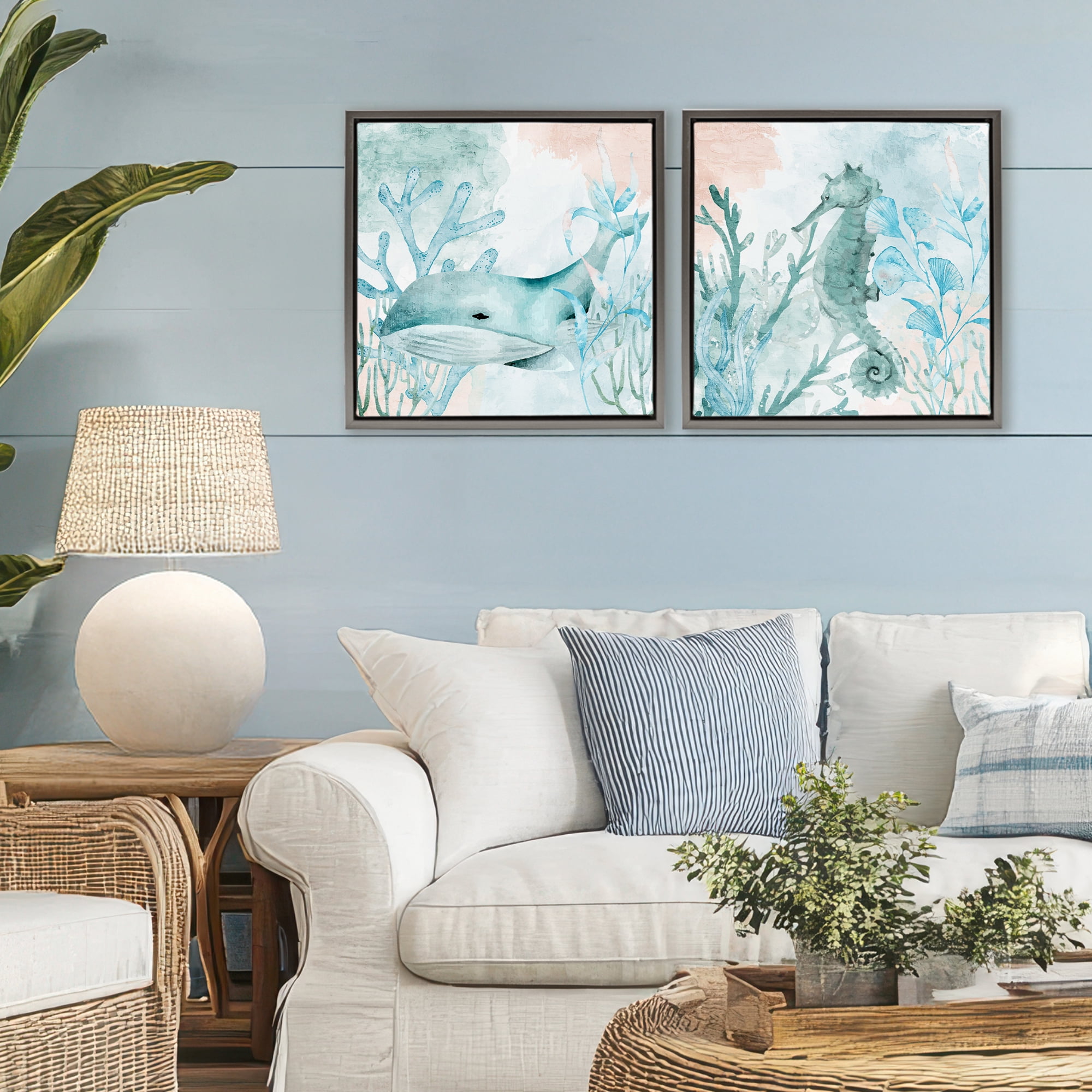 Stupell Industries Whale & Seahorse Sea Swim 2 Piece Gray Framed Floater Canvas Set, design by Kim Allen
