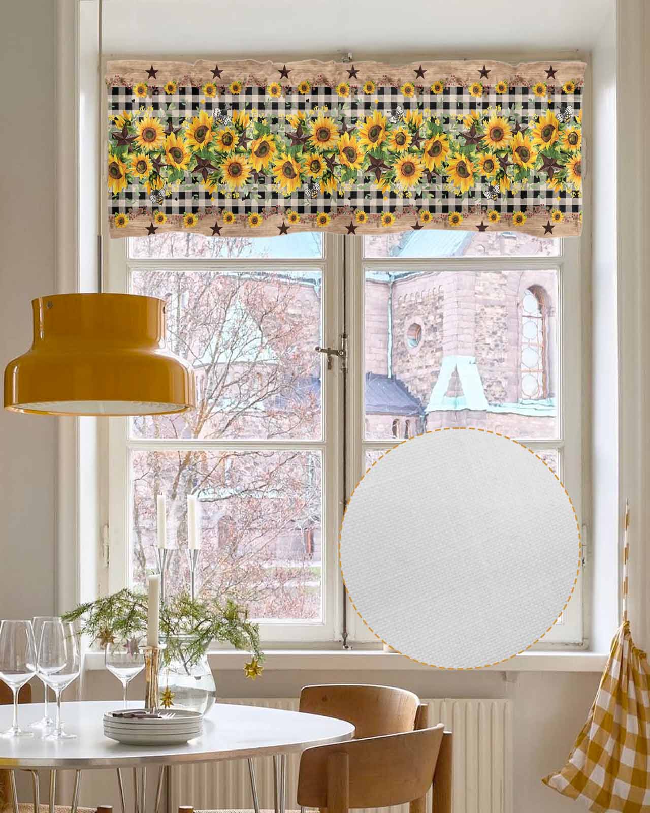 Spring Sunflower Kitchen Valances for Windows Farmhouse Linen Window Valance Curtain for Living Room Window Treatment Checkered Star Farmhouse Retro Valance Rod Pocket Topper Drape, 60 x 18 Inch