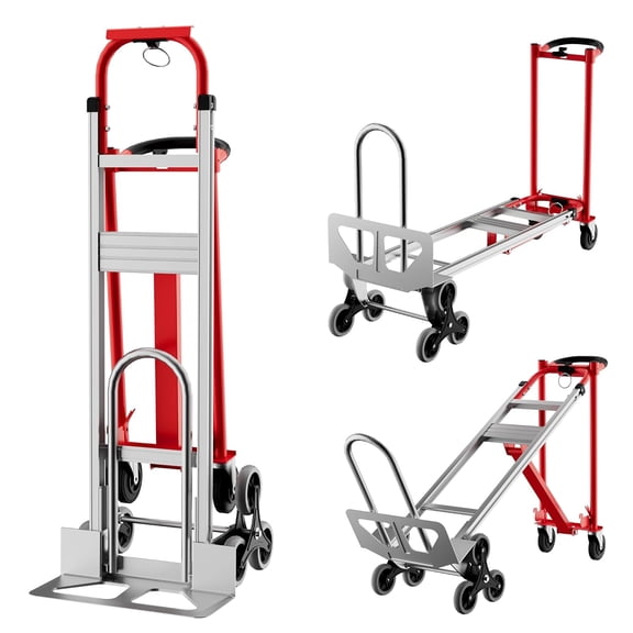 3-in-1 Convertible Hand Truck Dolly 800 LB Capacity with Stair Climber Wheels Aluminum Folding Cart Elastic Straps for Home Warehouse Office and Supermarket Use Red