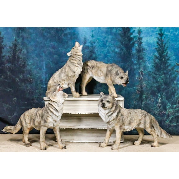 Set Of 4 Mystical Forest Woodland Alpha Gray Wolf Howling And Tracking Figurines