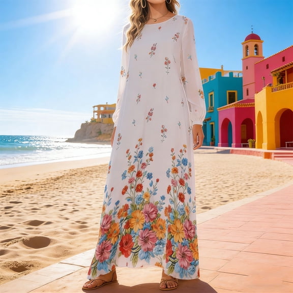 Gamivast Floral Maxi Dress for Women Crew Neck Long Dress Long Sleeve Flowy Dress Vibrant Bottom Flower Print for Wedding Guest Beach Party