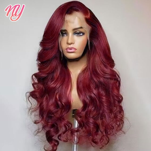 Peluca de cabello humano ondulado, postizo de encaje Frontal transparente HD de 13x4, 32, 34 pulgadas, color rojo, 5x5, 99J