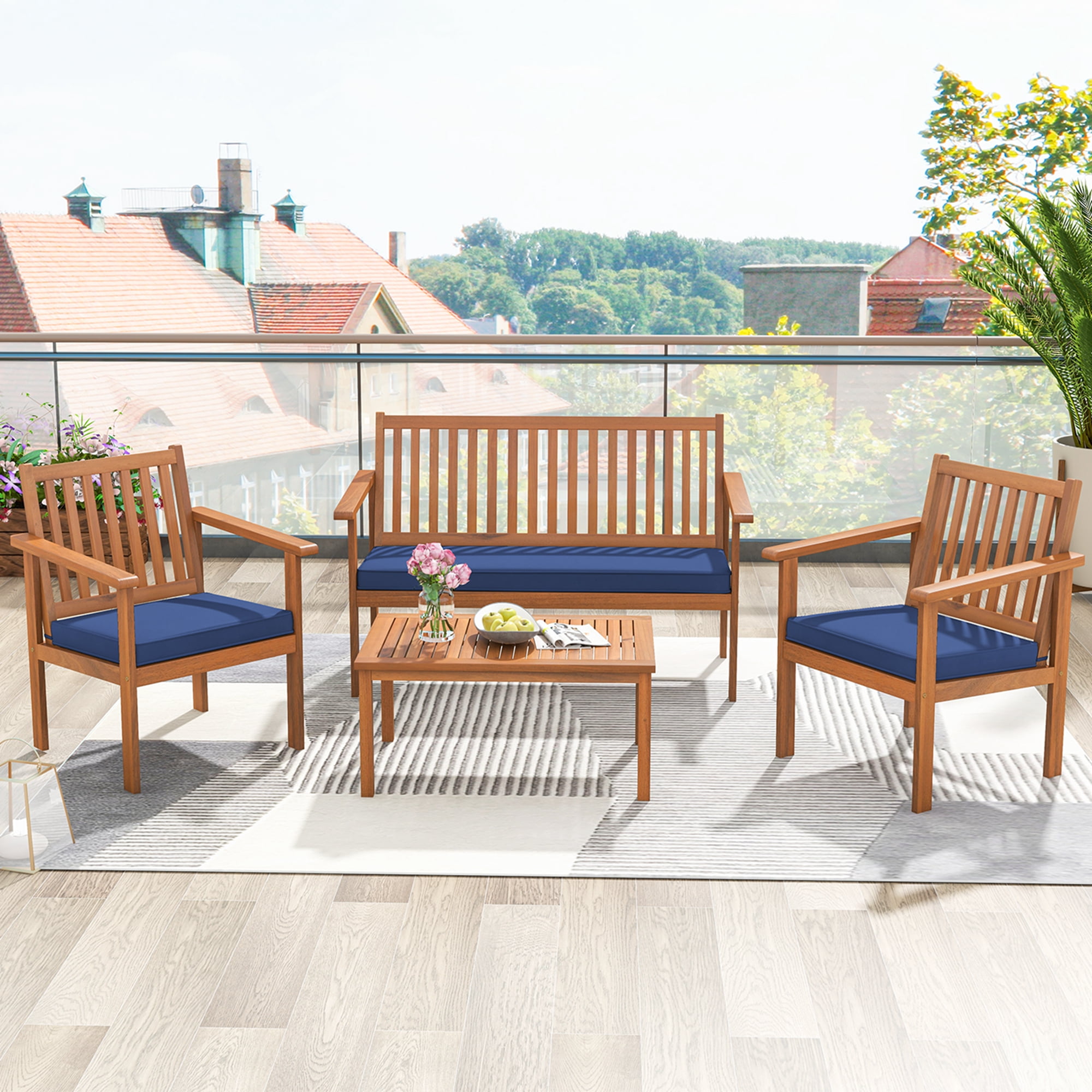 Costway 4 PCS Patio Wood Furniture Set with Loveseat, 2 Chairs & Coffee Table for Porch Navy